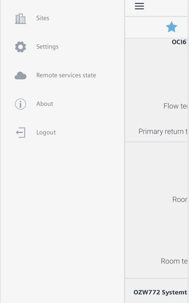 Aplikace HomeControl IC: boční menu s položkami Sites, Settings, Remote services state, About a Logout
