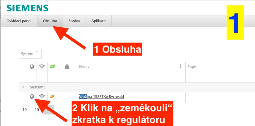 Portál Siemens: menu Obsluha a ikona zeměkoule u zařízení